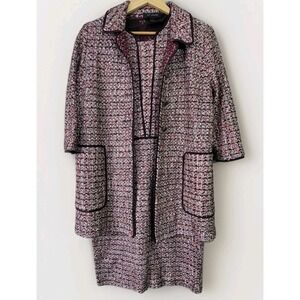 St. John Women's 10 Tweed Knit Dress Jacket Set Pink Black Wool Blend Outfit